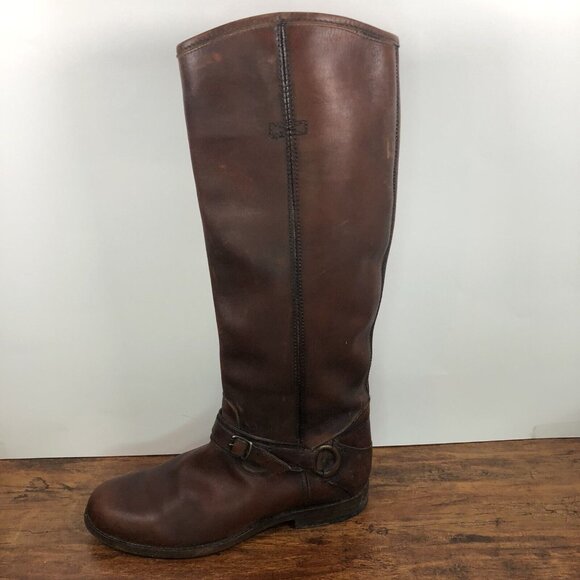 Frye Womens SZ 8B Distressed Harness Buckle Tall Brown Leather Riding Boots 16” - Picture 7 of 11